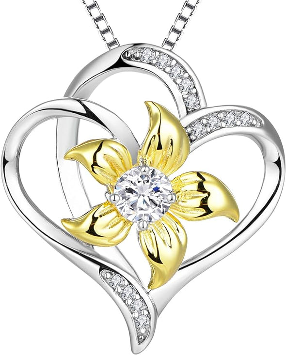 Women's Heart Necklace Sterling Silver Lily Flower Love Pendant Gemstones Jewelry