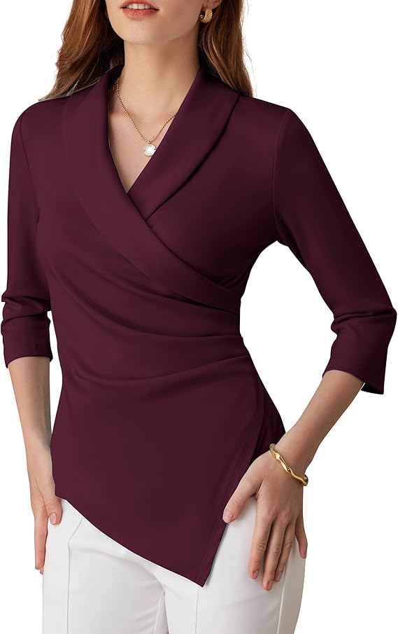 Women's V Neck Casual Work Tops 3/4 Sleeve Office Dressy