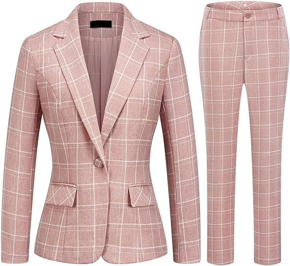 Women's 2 Piece Business Plaid Suit Set Office One Button Slim Fit Blazer with Pant