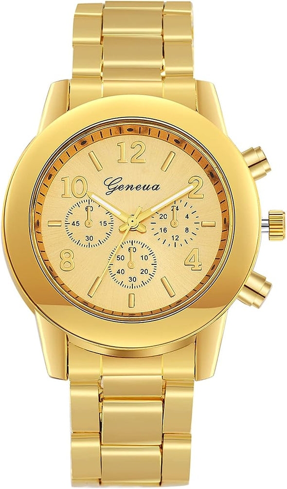 JewelryWe Luxury Mens Dress Watch, Stainless Steel Bling Rhinestones Accented Quartz Wrist Watches - Gold, for Halloween