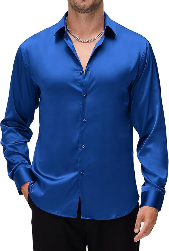 Mens Luxury Satin Dress Shirt Long Sleeve Silk Shiny Sateen Party Shirt