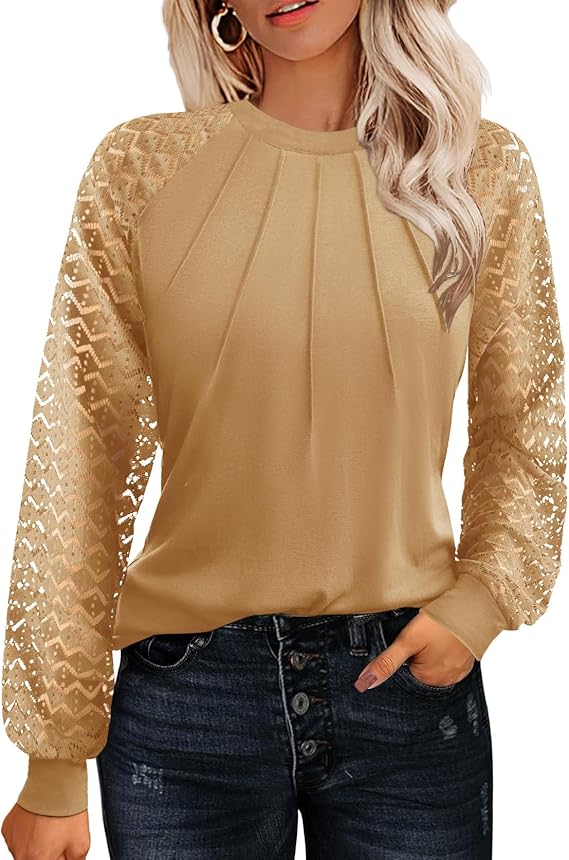Women's Lace Long Sleeve Tops Dressy Business Casual Blouses Front Pleated Work Shirts Fall Tunics