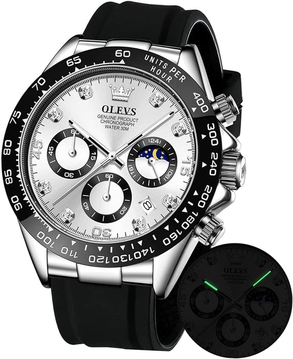 OLEVS Men's Watches Chronograph Multifunction Sport Silicone Luxury Diamond Moon Phase Quartz Male Watch Waterproof Wrist Watch …