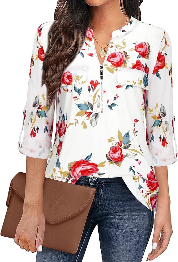 Women's Zip Front V-Neck 3/4 Sleeve Tunic Casual Top