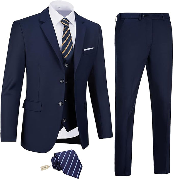 Men's Slim Fit 3 Piece Suit Two Button Business Wedding Dress Tux Suit Set Jacket Vest Pants with Tie