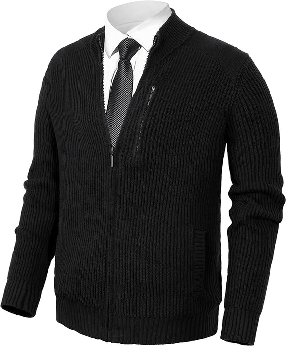 Men's Cardigan Sweaters Full Zip Up Stand Collar Slim Fit Casual Knitted Sweater with 2 Front Pockets