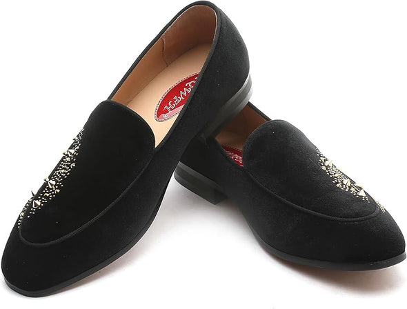 Men's Luxury Velvet Penny Loafers with Fashion Spiked, Casual Penny Loafers for Men, Noble Slip-on Dress Loafers Glitter Suede Smoking Slippers (Black)