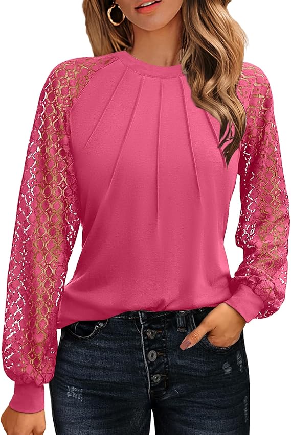 Women's Lace Long Sleeve Tops Dressy Business Casual Blouses Front Pleated Work Shirts Fall Tunics