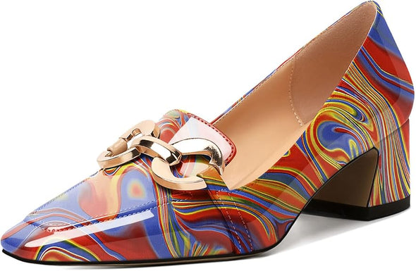 Womens Square Toe Block Heels Mid Chunky Heel Loafer Pumps Slip On Chain Dress Comfortable Prom Shoe