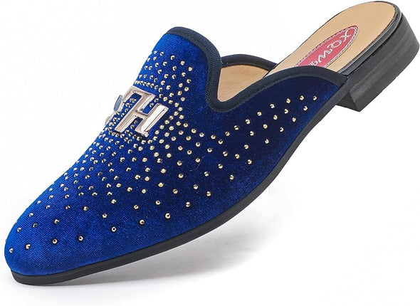 Men's Slip-on Mule Sandals Loafer with Gold Buckle,Fashion Leather Formal Wear Casual Backless Dress Slippers