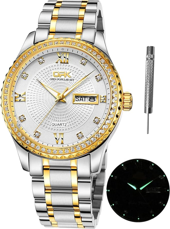 Diamond Watches for Men Stainless Steel Calendar Watch Analog Quartz Luxury Business Luminous Waterproof Dress Male Wrist Watch