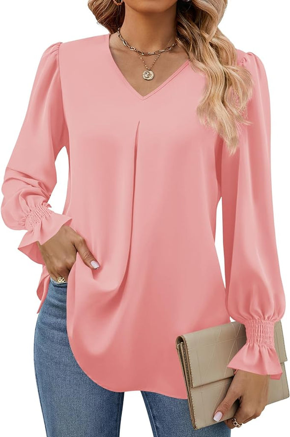 Women's 2024 Long Sleeve Tops Dressy Casual V Neck Tunic Shirts Loose Chiffon Work Blouse