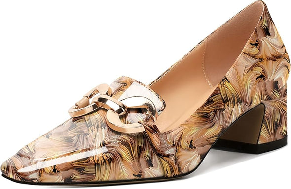 Womens Square Toe Block Heels Mid Chunky Heel Loafer Pumps Slip On Chain Dress Comfortable Prom Shoe