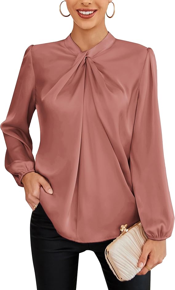 Women's Long Lantern Sleeve Shirts Mock Neck Solid Casual Blouse Tops