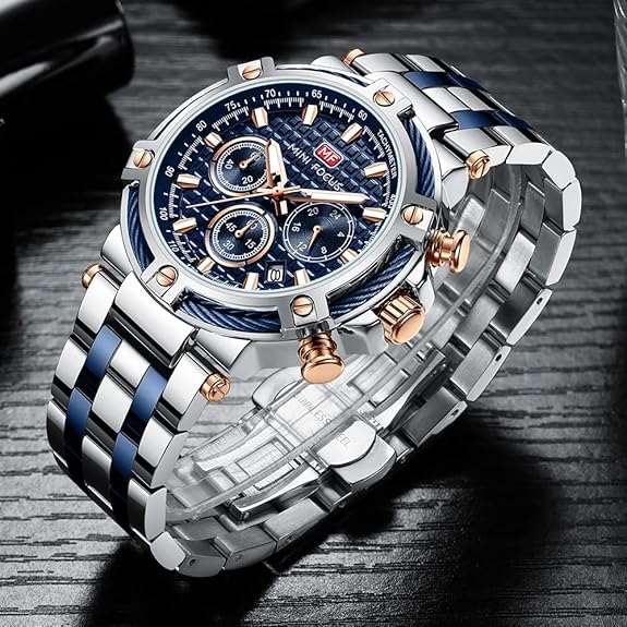 Business Men Watches (Chronograph/Waterproof/Luminous/Calendar/24 Hours) Big Face Stainless Steel Band Watches for Men