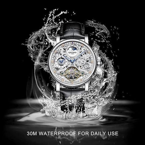 Mens Mechanical Watches, Luxury Automatic Skeleton Tourbillon Watch Waterproof Crystal Self-Winding Wrist Watch for Men