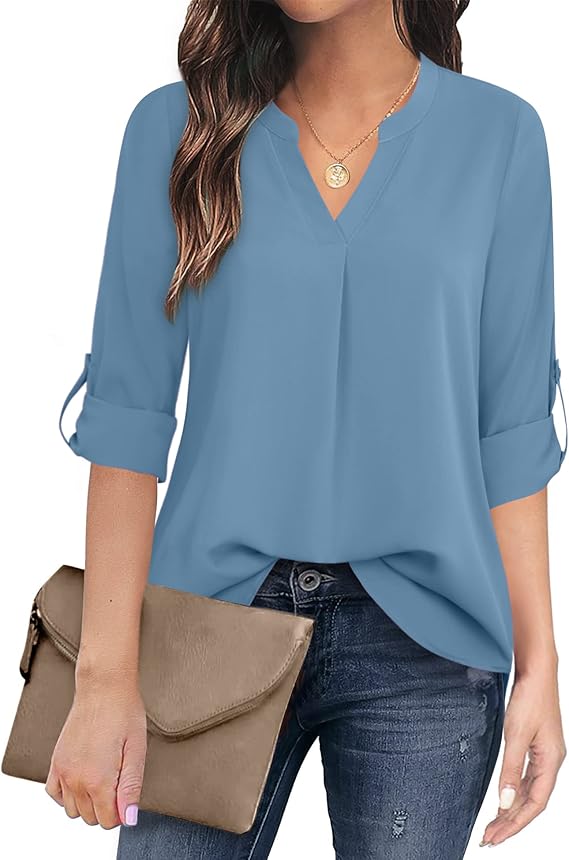 Women's Casual Chiffon V Neck 3/4 Sleeve Blouse Tops