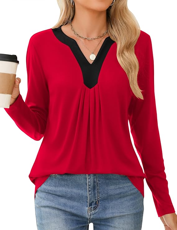 Womens Tops Fall 2024 Long Sleeve Blouses Dressy Casual V Neck Pleated Work Shirts
