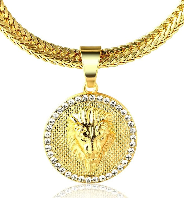 Gold Chain for Men Necklace 18k Real Gold Plated Fully Iced Out Crown Lion Pendant Lab Diamonds Prong Set with Sharktail Chain 30",Designed Goldfoil Giftbox