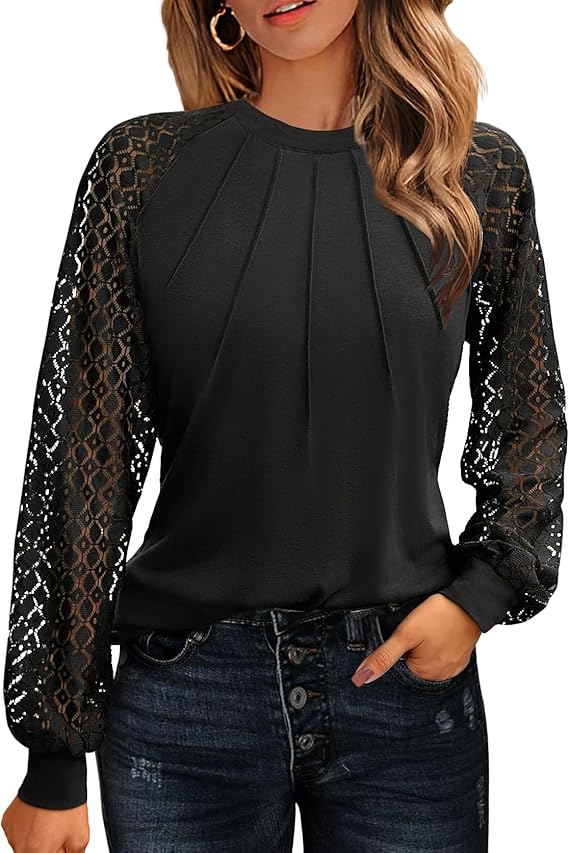 Women's Lace Long Sleeve Tops Dressy Business Casual Blouses Front Pleated Work Shirts Fall Tunics