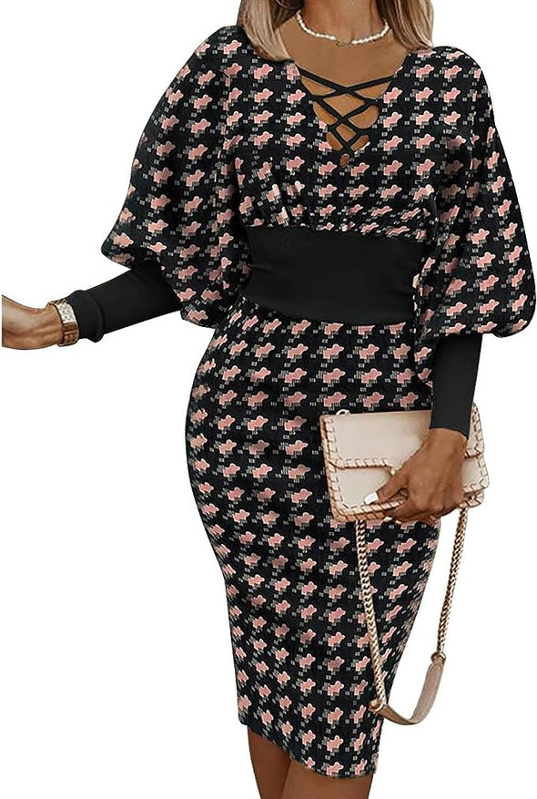 Women Trendy Lantern Sleeve Dress Casual Work Criss Cross V-Neck Color Block Slim Midi Wrap Pencil Dress Fall Spring