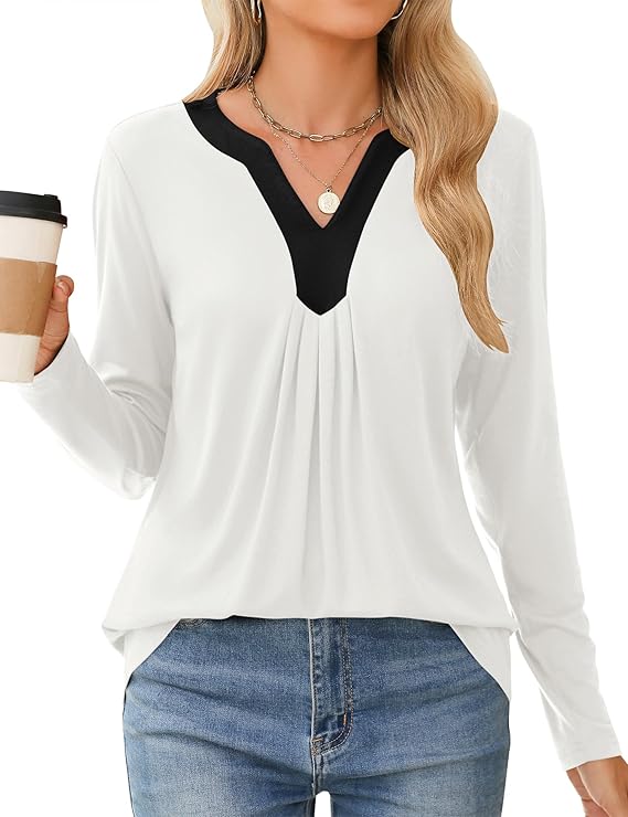 Womens Tops Fall 2024 Long Sleeve Blouses Dressy Casual V Neck Pleated Work Shirts