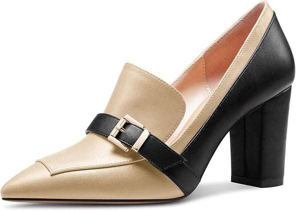 Womens Chunky Block Mid Heel Pointed Toe Pumps Slip-on Buckle Office Basic Classic Summer 3.2 Inches Shoes
