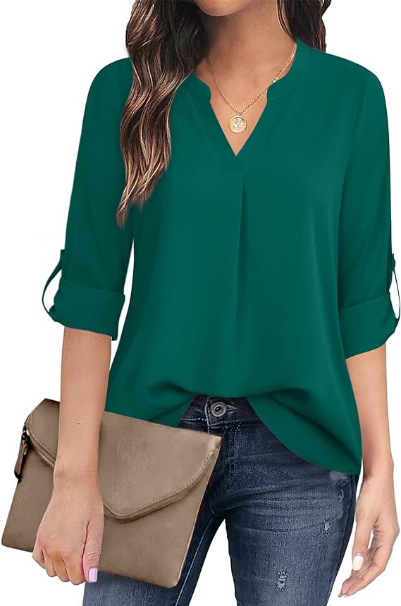 Women's Casual Chiffon V Neck 3/4 Sleeve Blouse Tops