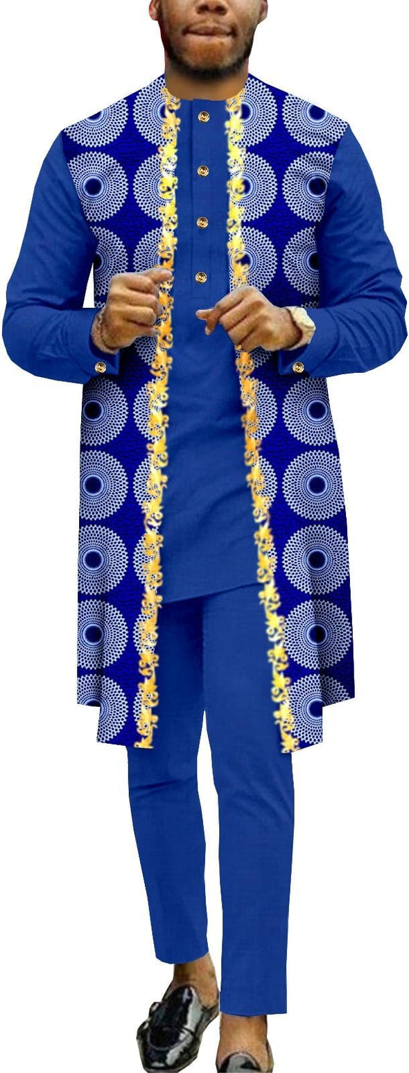 Men Single Breasted Embroidery Print Shirts and Pants 2 Piece Set Outfits