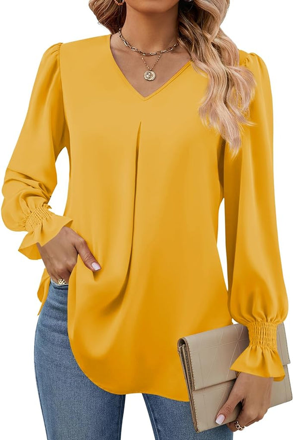 Women's 2024 Long Sleeve Tops Dressy Casual V Neck Tunic Shirts Loose Chiffon Work Blouse