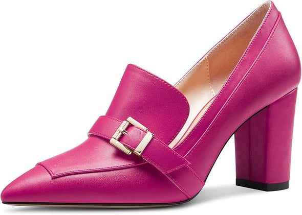 Womens Chunky Block Mid Heel Pointed Toe Pumps Slip-on Buckle Office Basic Classic Summer 3.2 Inches Shoes