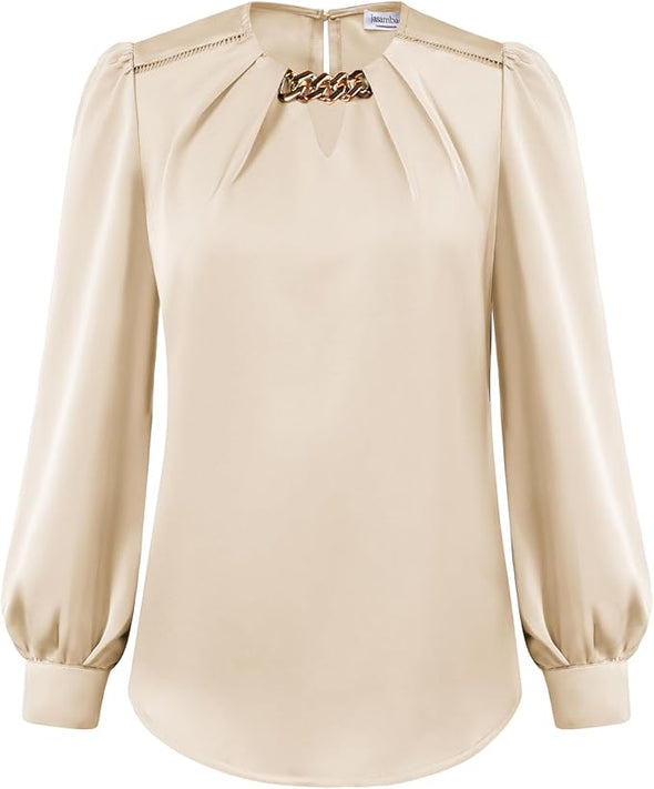 Women's Satin Silk Blouse 2024 Crew Neck Long Sleeve Blouses Elegant Casual Office Work Dressy Shirts Tops