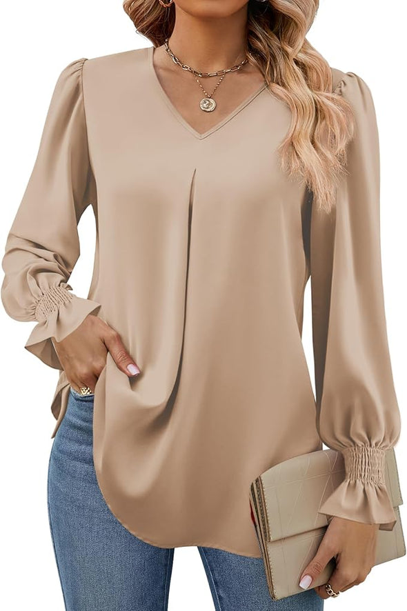Women's 2024 Long Sleeve Tops Dressy Casual V Neck Tunic Shirts Loose Chiffon Work Blouse