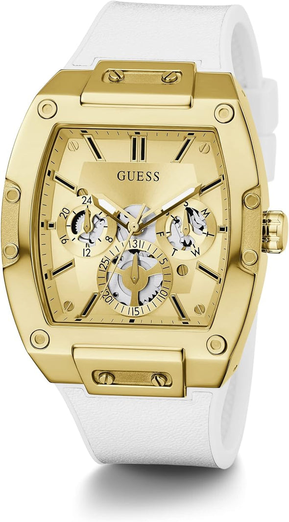 GUESS Men's Trend Multifunction Watch – Gold-Tone Dial & Stainless Steel Case with White Silicone Strap