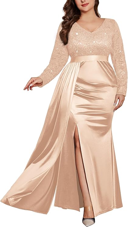 Women's Plus Size Sequins Lace V Neck Long Ruched Satin Slit Mermaid Hem Formal Party Long Dress