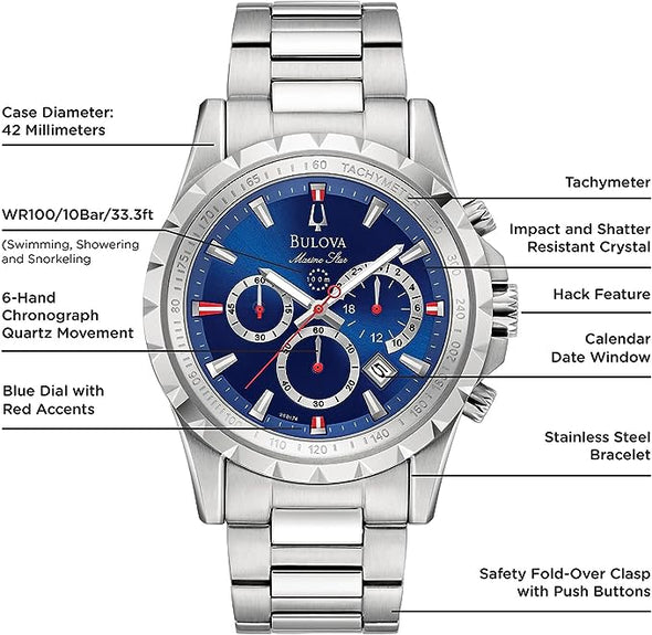 Bulova Men’s Marine Star 6-Hand Quartz Chronograph Stainless Steel Watch, Blue Dial, Tachymeter, 100M Water Resistant