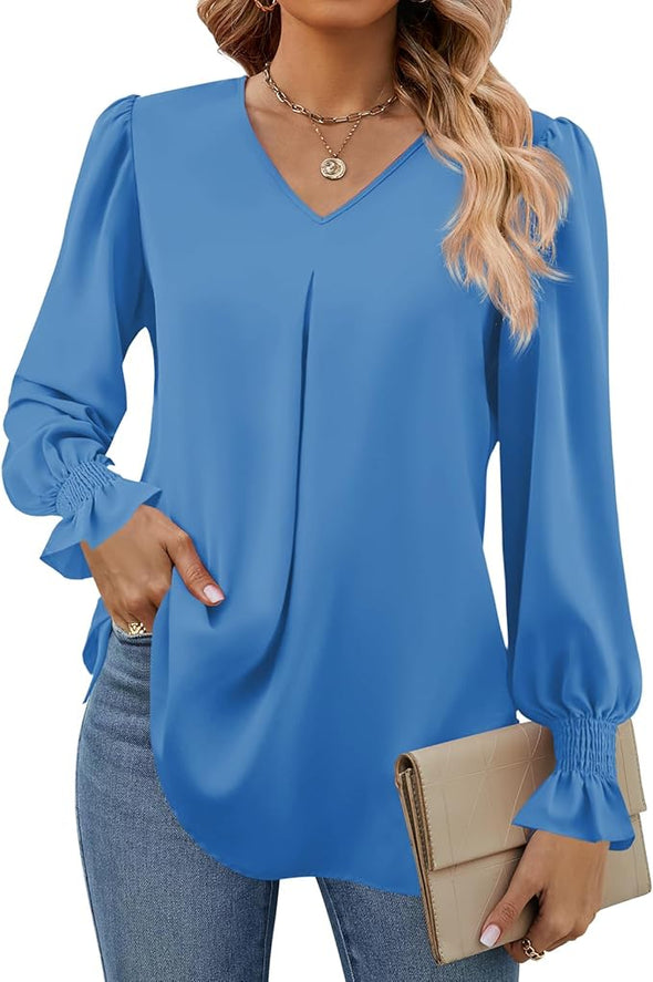Women's 2024 Long Sleeve Tops Dressy Casual V Neck Tunic Shirts Loose Chiffon Work Blouse