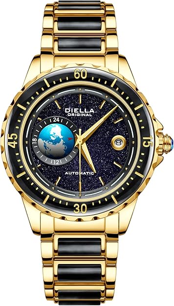 Diella Automatic Watches for Men, Luxury Black Jade Men's Dress Wrist Watch, Self Winding Mechanical Gold Stainless Steel Case Watch with Date, Luminous Starry Sky Globe