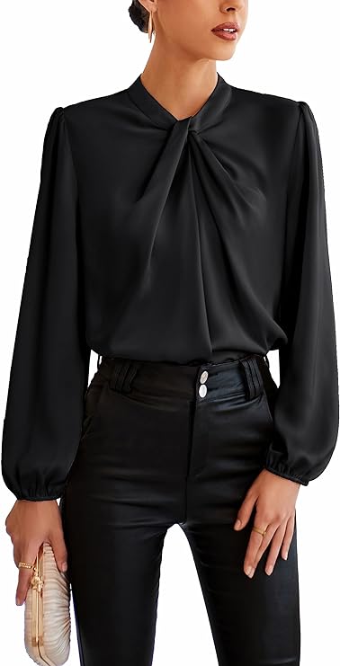 Women's Long Lantern Sleeve Shirts Mock Neck Solid Casual Blouse Tops