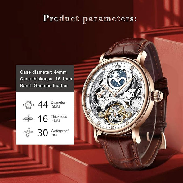 Mens Luxury Skeleton Automatic Mechanical Wrist Watches Leather Moon Phrase Luminous Hands Self-Wind Watch