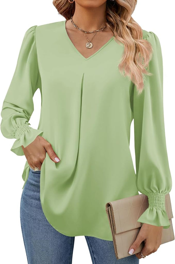 Women's 2024 Long Sleeve Tops Dressy Casual V Neck Tunic Shirts Loose Chiffon Work Blouse