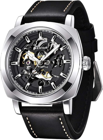 Automatic Watches for Men | Skeleton Mechanical Leather Strap Mens Watch | 45mm Dial | 30M Waterproof | Men's Stylish Gift