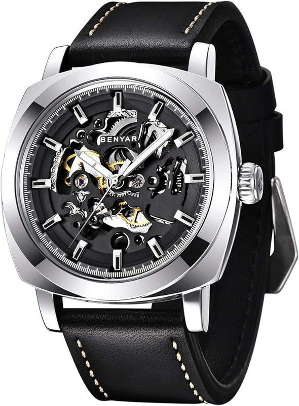 Automatic Watches for Men | Skeleton Mechanical Leather Strap Mens Watch | 45mm Dial | 30M Waterproof | Men's Stylish Gift