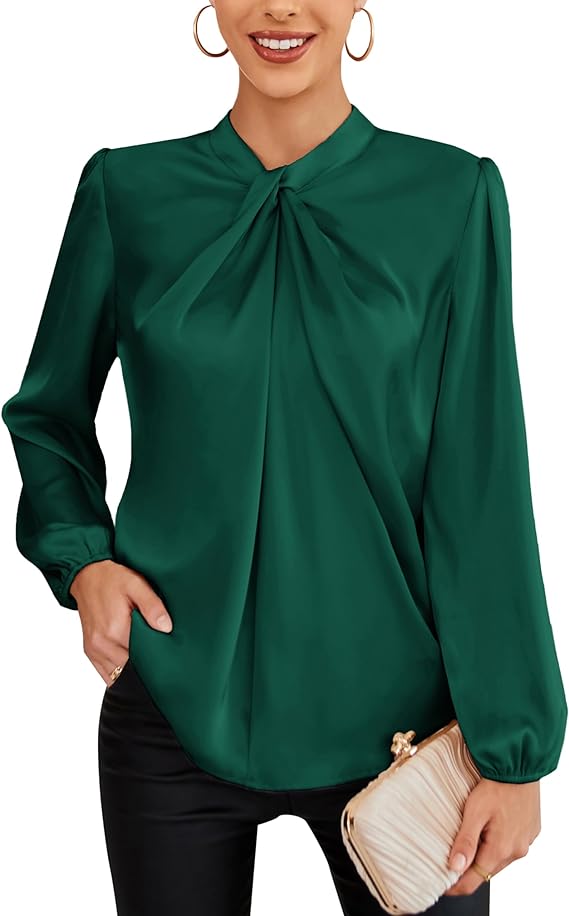 Women's Long Lantern Sleeve Shirts Mock Neck Solid Casual Blouse Tops