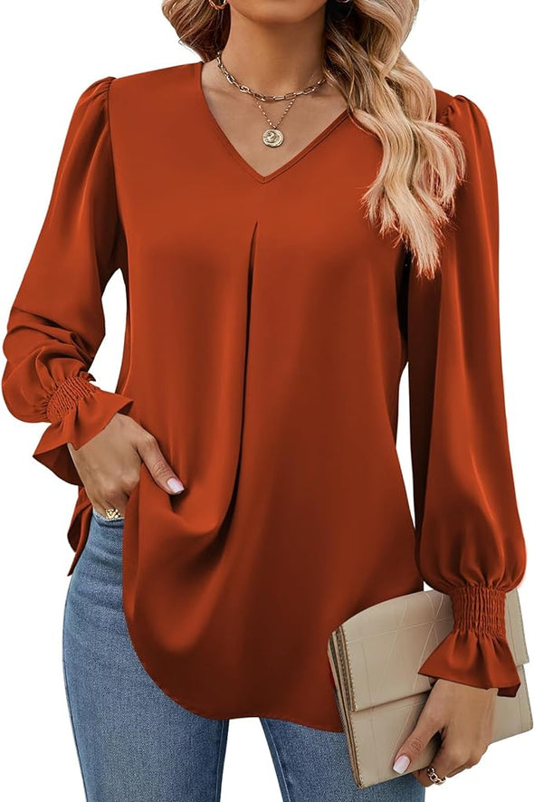 Women's 2024 Long Sleeve Tops Dressy Casual V Neck Tunic Shirts Loose Chiffon Work Blouse