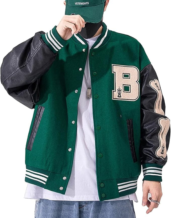 Baseball Bomber Jacket Vintage Sweatshirt Casual Unisex Streetwear Coats with Patch