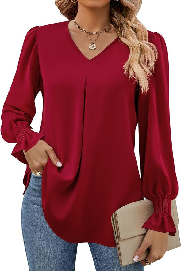 Women's 2024 Long Sleeve Tops Dressy Casual V Neck Tunic Shirts Loose Chiffon Work Blouse