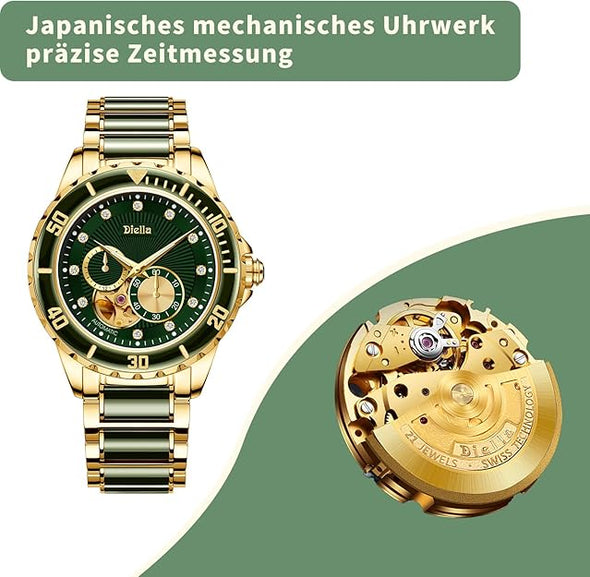Diella Men's Automatic Mechanical Wrist Watches, Luxury Skeleton Watches for Men with Black Green Jade & Steel Strap