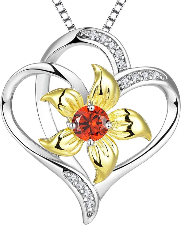 Women's Heart Necklace Sterling Silver Lily Flower Love Pendant Gemstones Jewelry