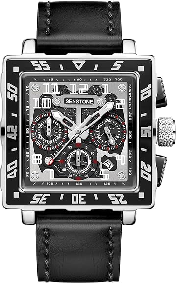 Square Watch for Men with Leather Strap Multifunction Chronograph Dial Analog Quartz Wristwatch Business Dress Watch with Luminous Waterproof Calendar